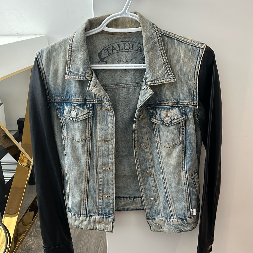 Aritzia, denim jacket with faux leather sleeves